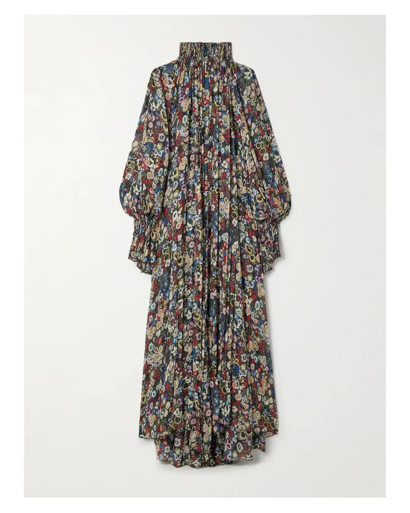 KHAITE Edgar Pleated Floral-print Silk-chiffon Turtleneck Maxi Dress - Black Black