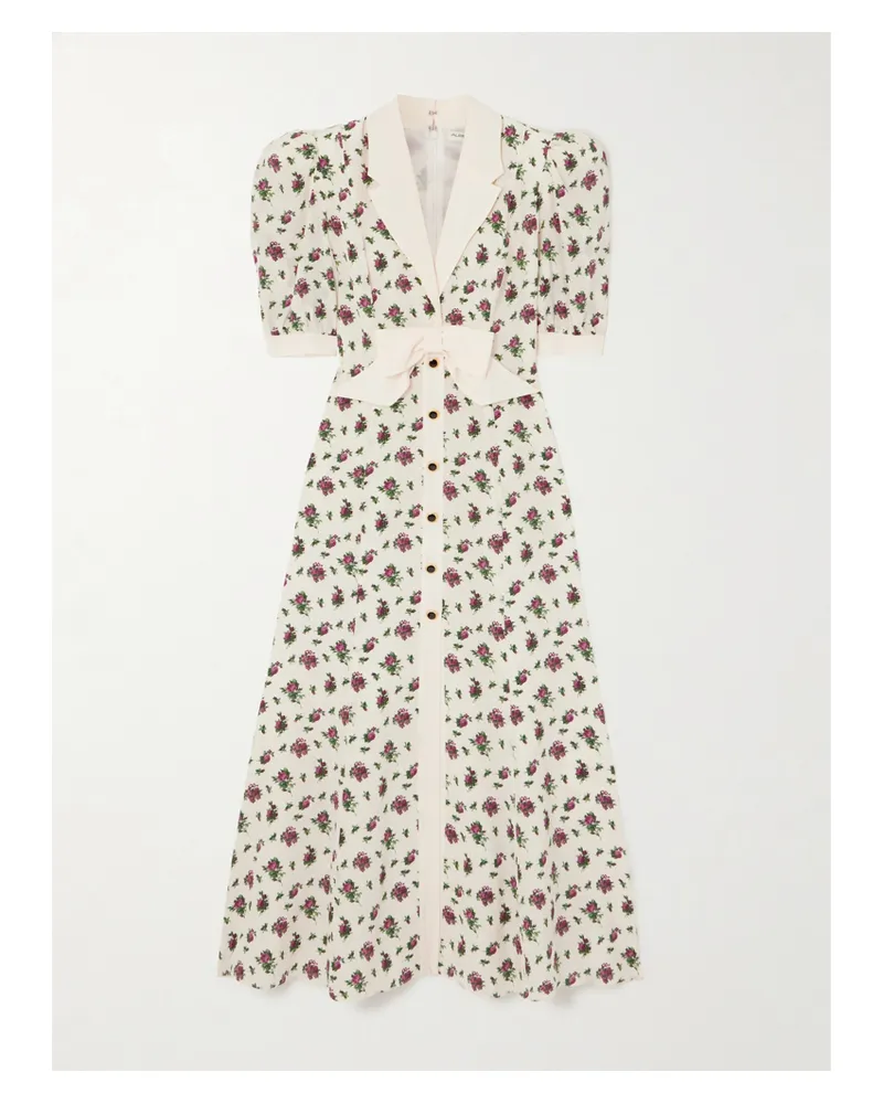 Alessandra Rich Midikleid Aus Seidensatin Mit Blumenprint Und Schleife - Elfenbein Elfenbein