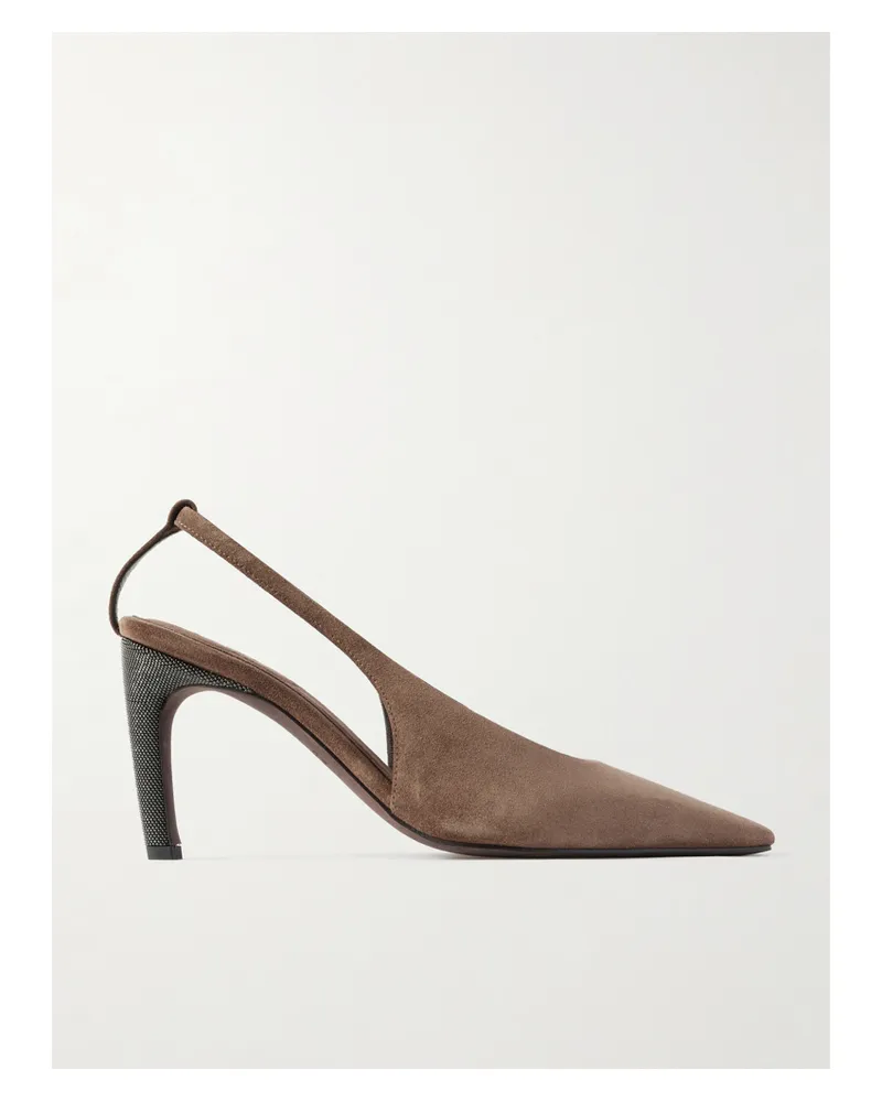 Brunello Cucinelli Slingback-pumps Aus Veloursleder Mit Zierperlen - Braun Braun