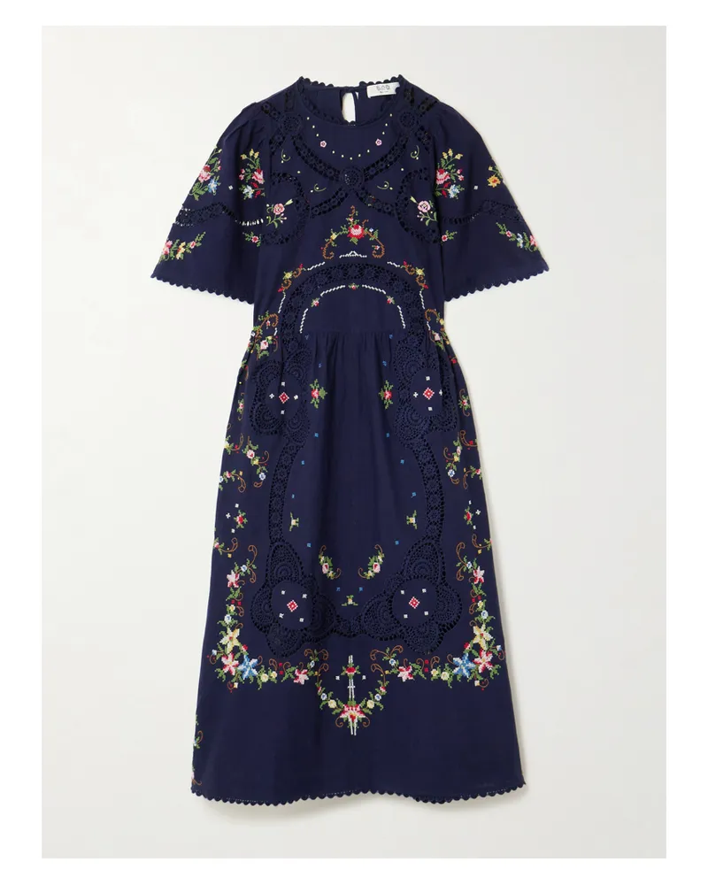 Sea Edwina Floral Lace-trimmed Embroidered Cotton Midi Dress - Blue Blue
