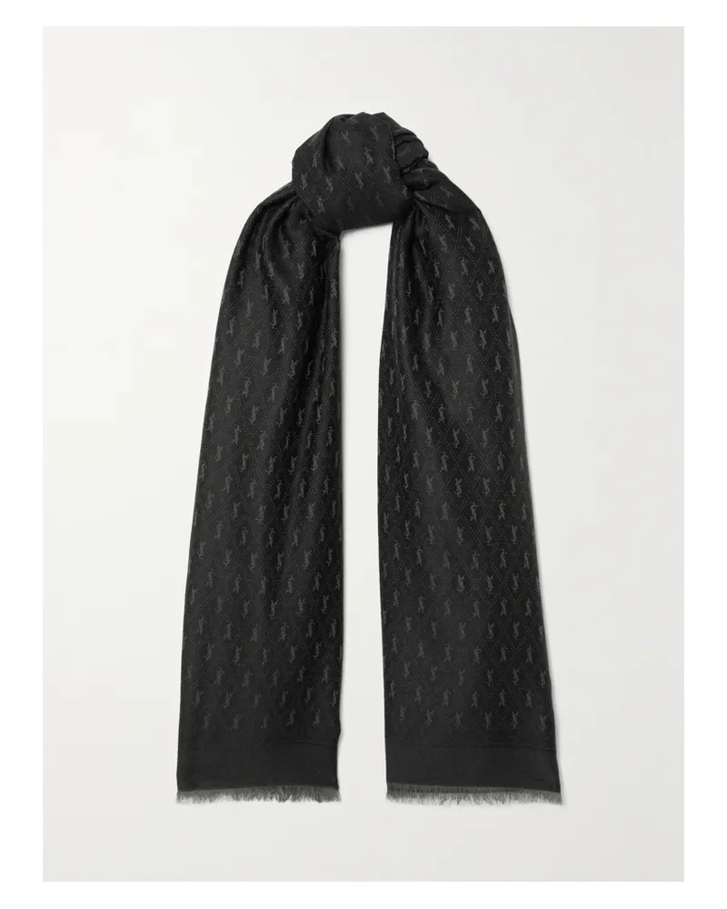 Saint Laurent Fringed Wool, Cotton And Silk-blend Jacquard Scarf - Black Black