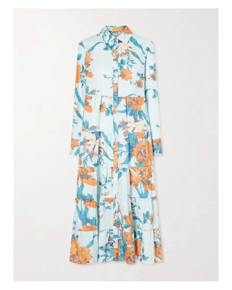 Erdem Tiered Floral-print Cotton Midi Dress - Blue Blue