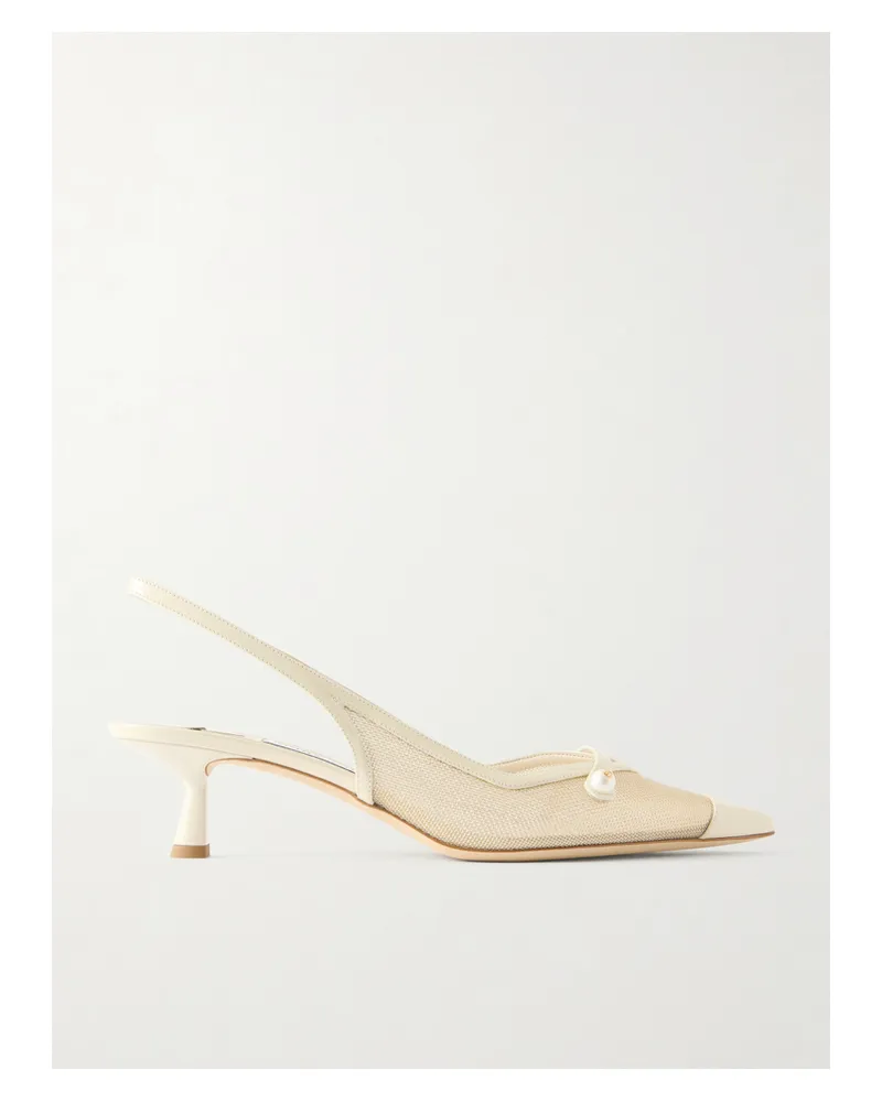 Jimmy Choo Amita 45 Faux-pearl Embellished Patent-leather Trimmed Metallic Mesh Slingback Pumps - Neutrals Neutrals