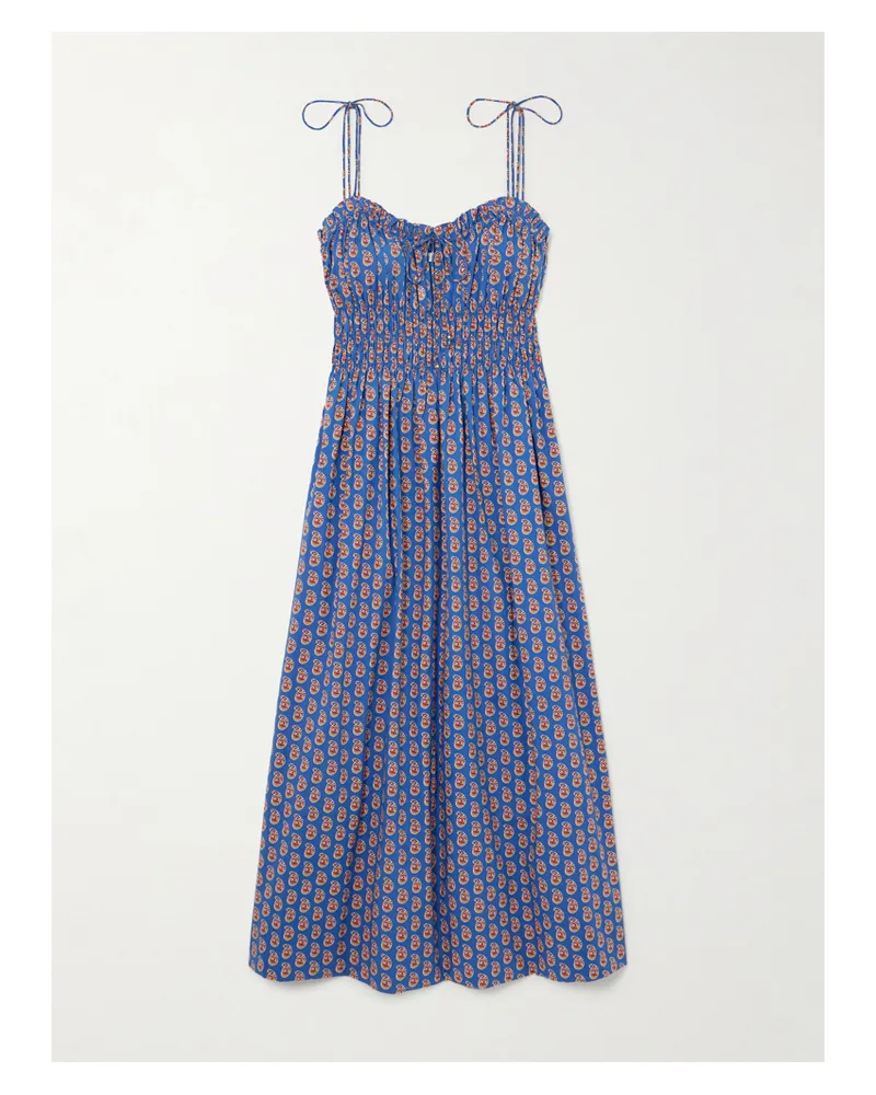 DÔEN Rhoda Midikleid Aus Biobaumwollpopeline Mit Paisley-muster Und Raffungen - Blau Blau
