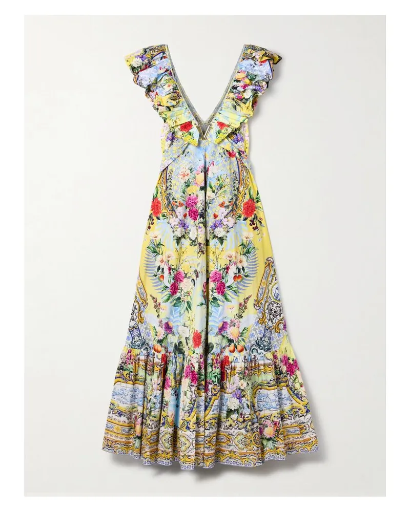 Camilla Maxikleid Aus Bedruckter Biobaumwollpopeline Mit Rüschen Und Kristallen - Gelb Gelb