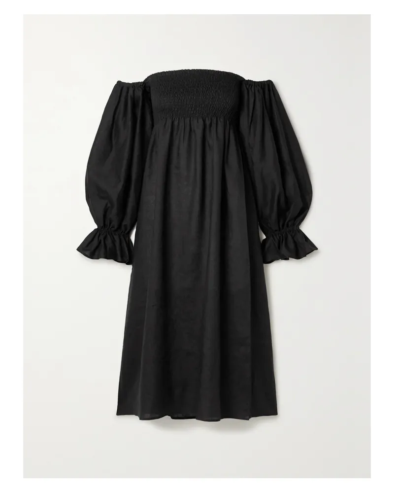 SLEEPER Net Sustain Atlanta Schulterfreies Midikleid Aus Leinen Mit Raffung - Schwarz Schwarz