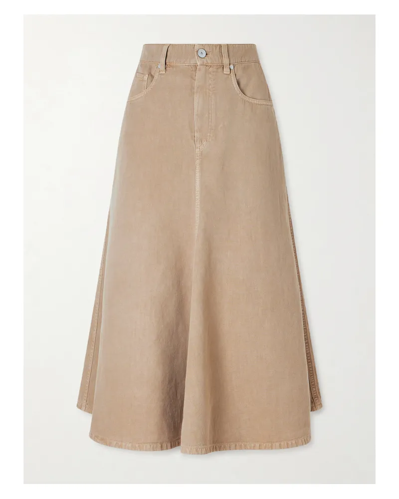Brunello Cucinelli Cotton And Linen-blend Twill Midi Skirt - Neutrals Neutrals