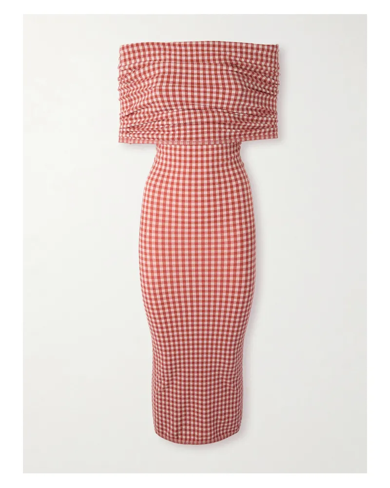 Alaïa Schulterfreies Midikleid Aus Kariertem Stretch-strick - Rot Rot