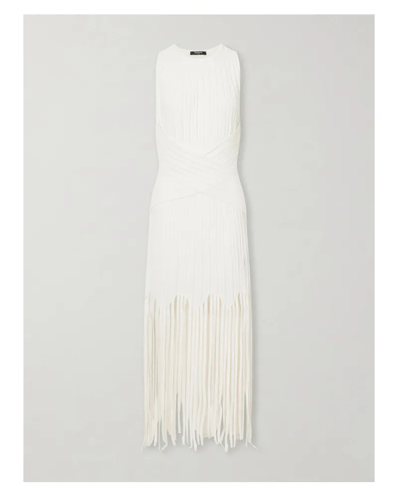 Balmain Fringed Pointelle-knit Midi Dress - Neutrals Neutrals