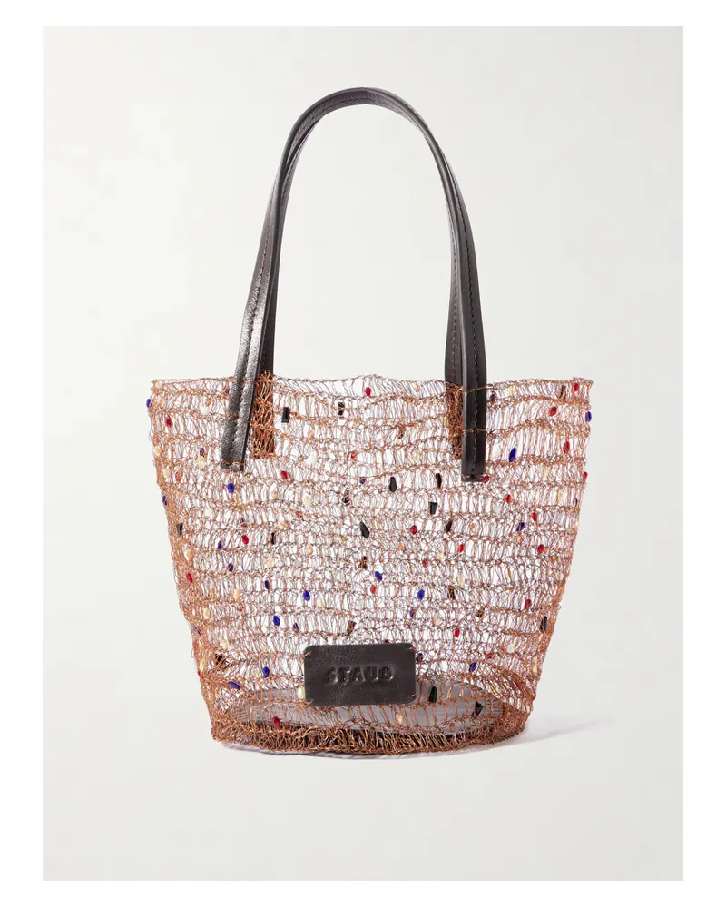 STAUD Jewel Leather-trimmed Embellished Crocheted Bucket Bag - Multi Multi