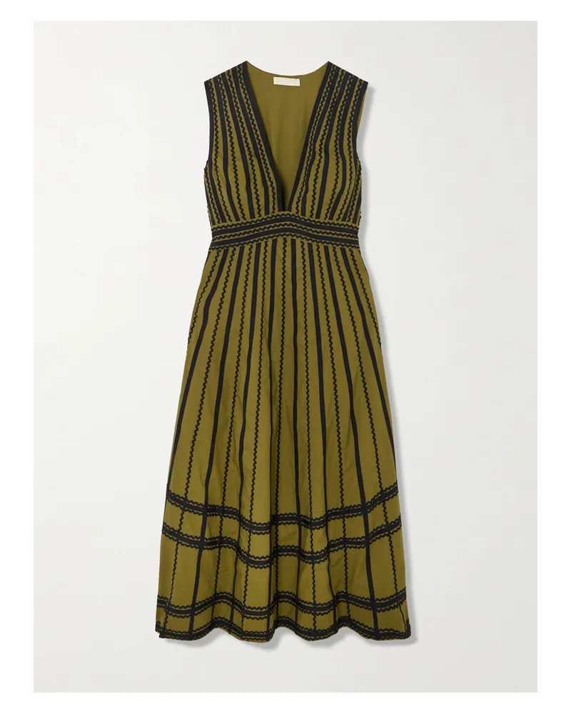 Ulla Johnson Palermo Midikleid Aus Baumwollpopeline Mit Ripsbandbesätzen Und Zackenlitzen - Grün Grün