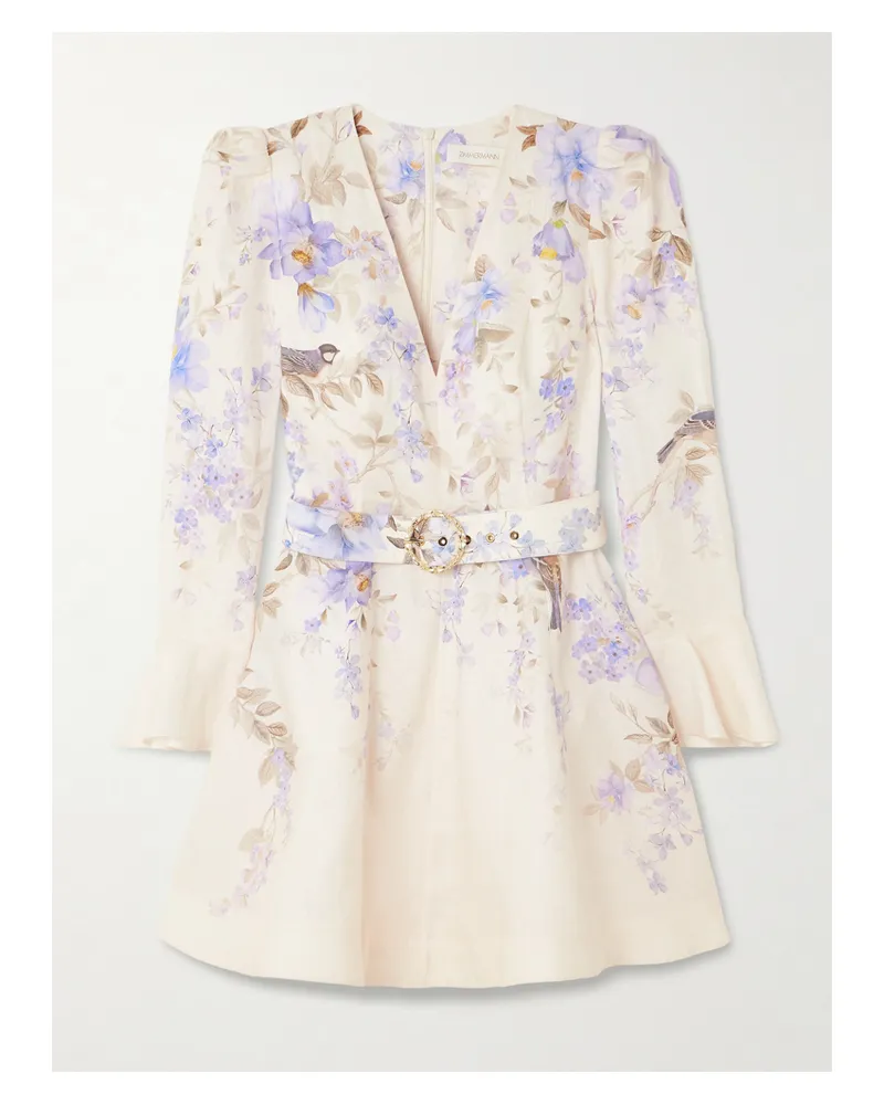 Zimmermann Luna Belted Floral-print Linen Mini Dress - Neutrals Neutrals
