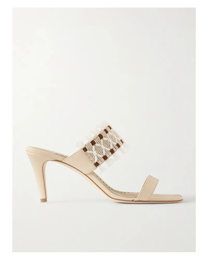 Manolo Blahnik Efeso 70 Fringed Raffia And Leather Sandals - Neutrals Neutrals