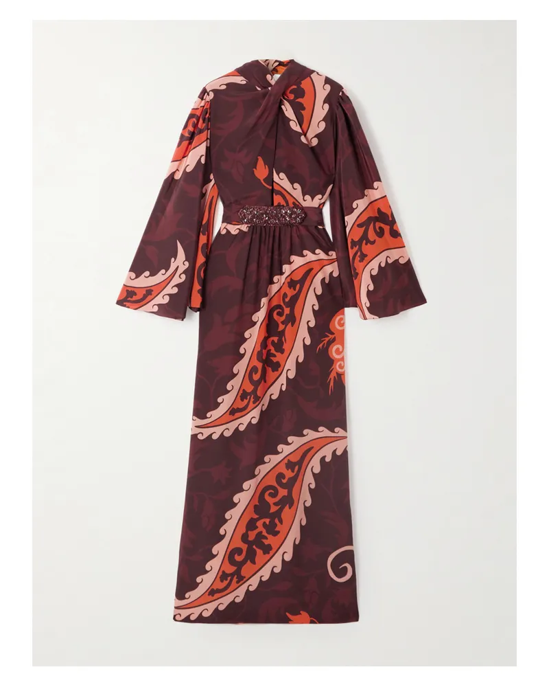 Johanna Ortiz Santa Maria Maxikleid Aus Bedrucktem Seidensatin Mit Gürtel - Burgunder Burgunder