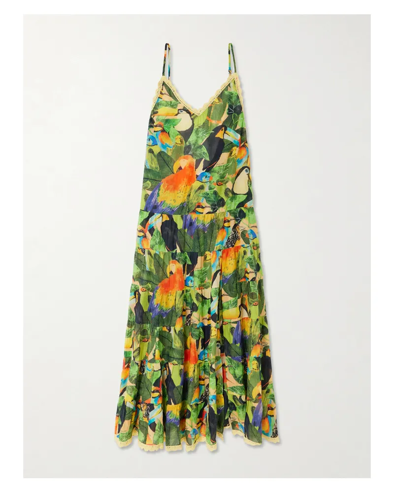 FARM Rio Bird Leaves Crochet-trimmed Tiered Printed Cotton Maxi Dress - Green Green