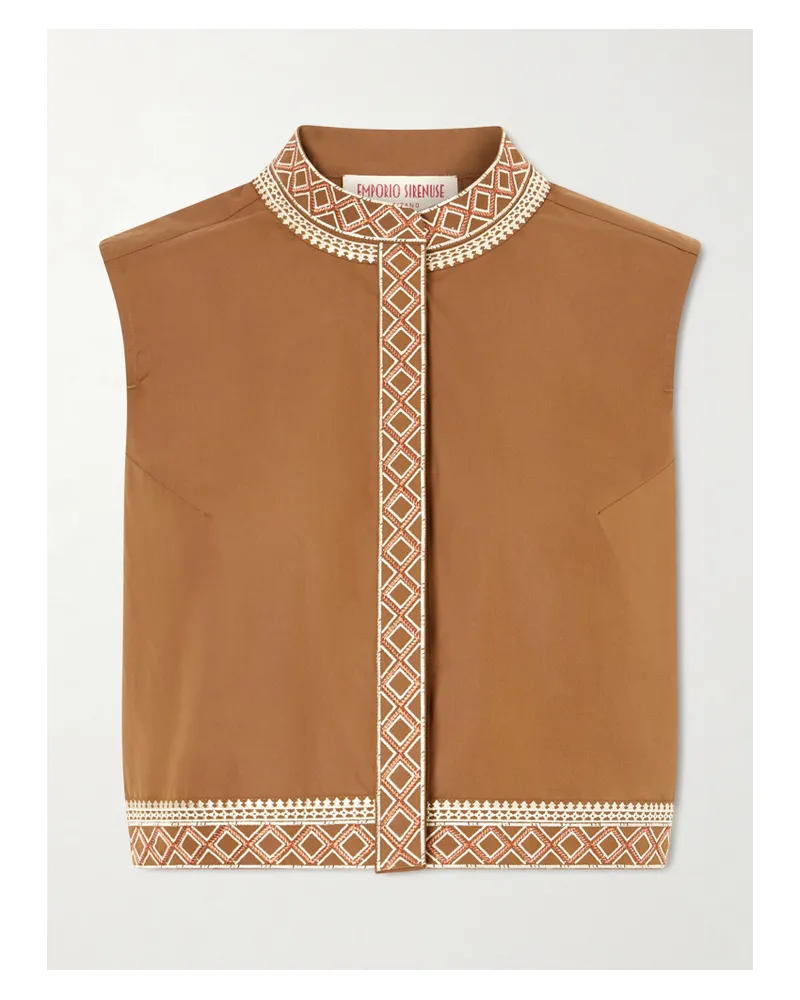 Emporio Sirenuse Andorra Cropped Embroidered Lace-trimmed Cotton-blend Poplin Top - Brown Brown