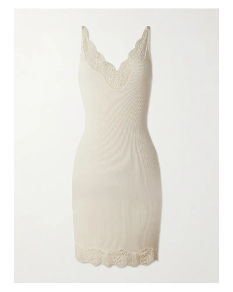 Saint Laurent Lace-trimmed Ribbed Silk-jersey Mini Dress - Neutrals Neutrals