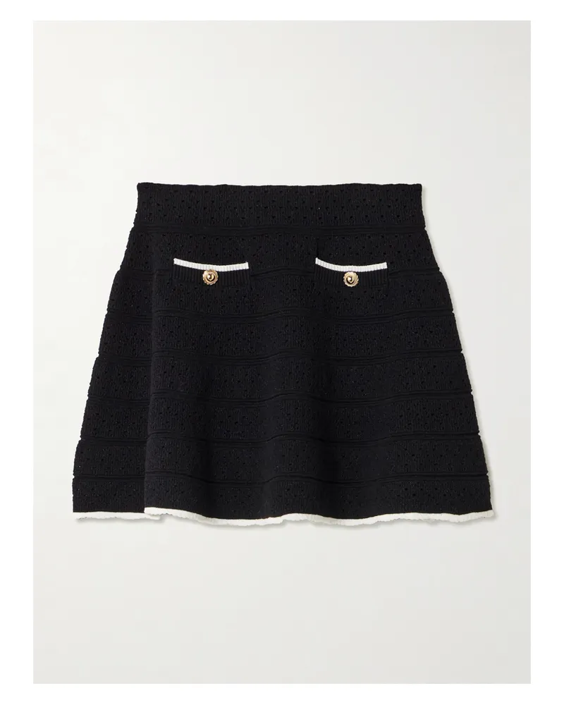 Self-Portrait Button-embellished Metallic Cotton-blend Pointelle-knit Mini Skirt - Black Black