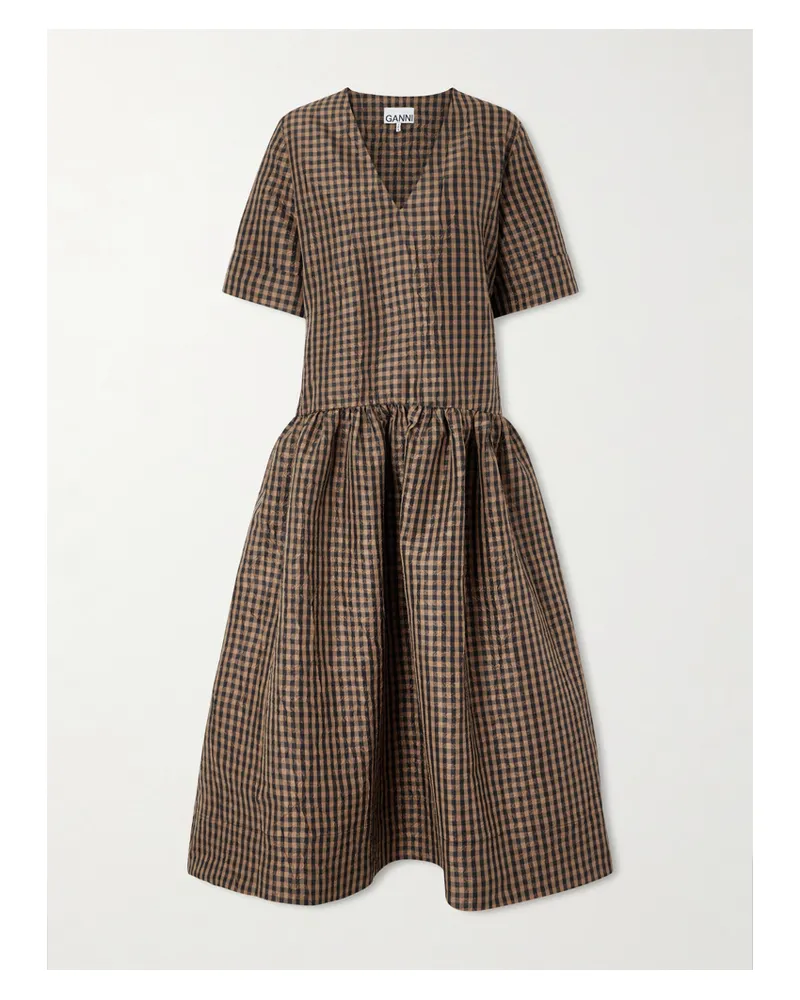 Ganni Crinkled Gingham Recycled-taffeta Midi Dress - Brown Brown