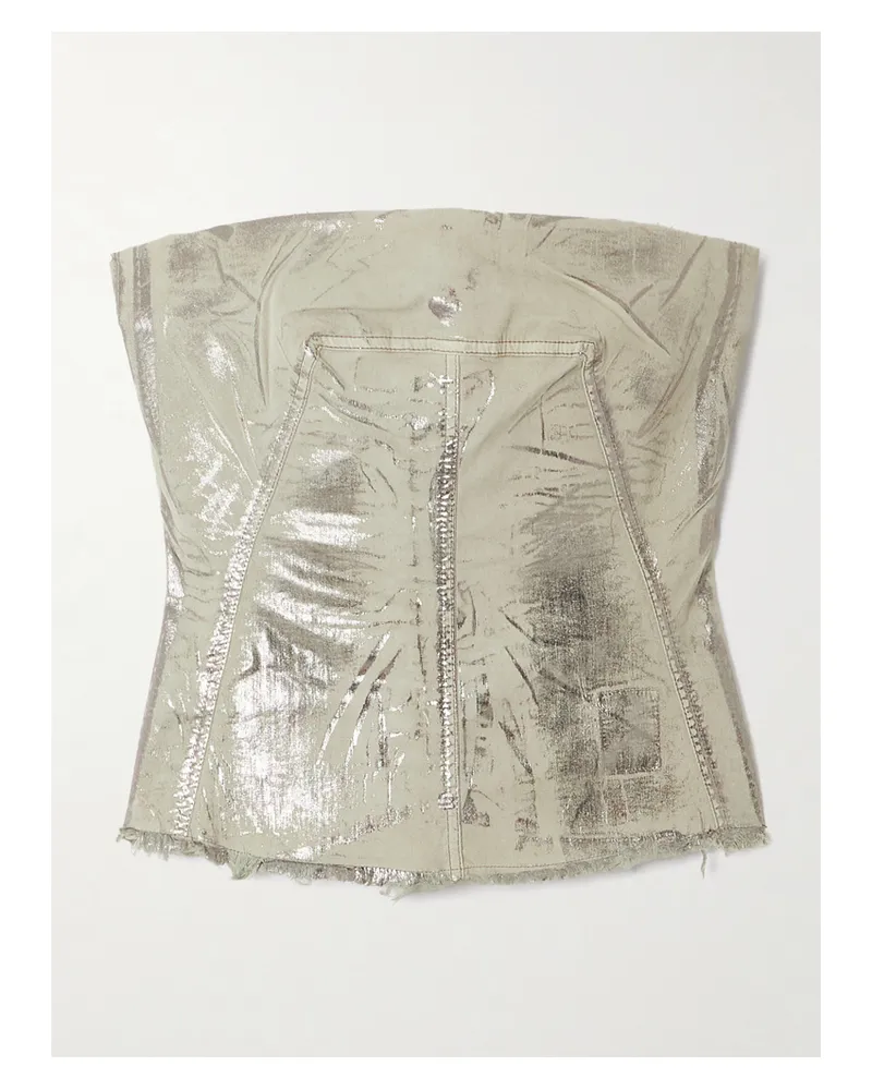 Rick Owens Trägerloses Bustier Aus Metallic-denim Mit Fransen Metallic