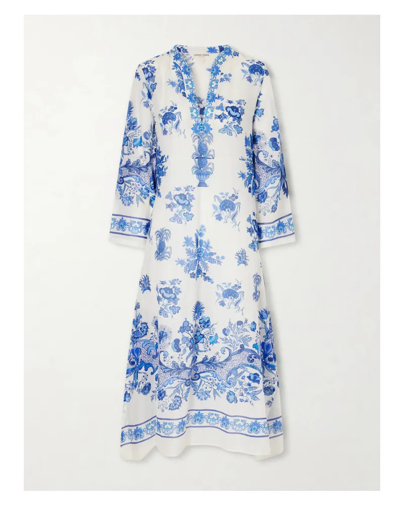 Emporio Sirenuse Giada Floral-print Cotton-voile Kaftan - Blue Blue