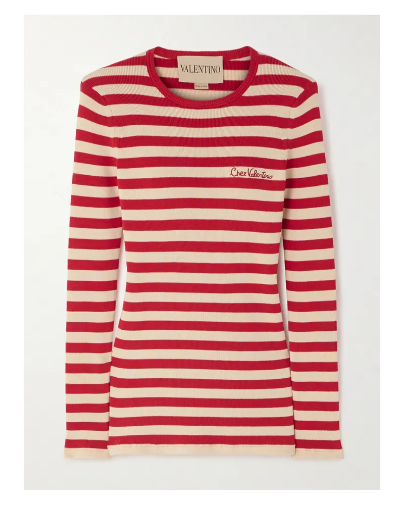 Valentino Garavani Gestreifter Pullover Aus Baumwolle In Rippstrick Mit Stickerei - Rot Rot