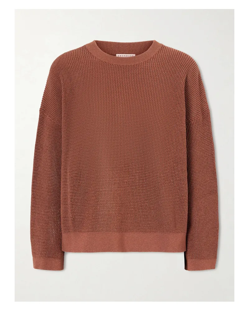 Brunello Cucinelli Metallic Open-knit Cotton-blend Sweater - Red Red