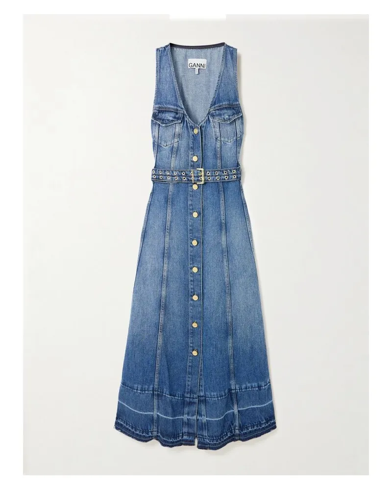Ganni Midi-jeanskleid Mit Fransen Und Gürtel - Blau Blau