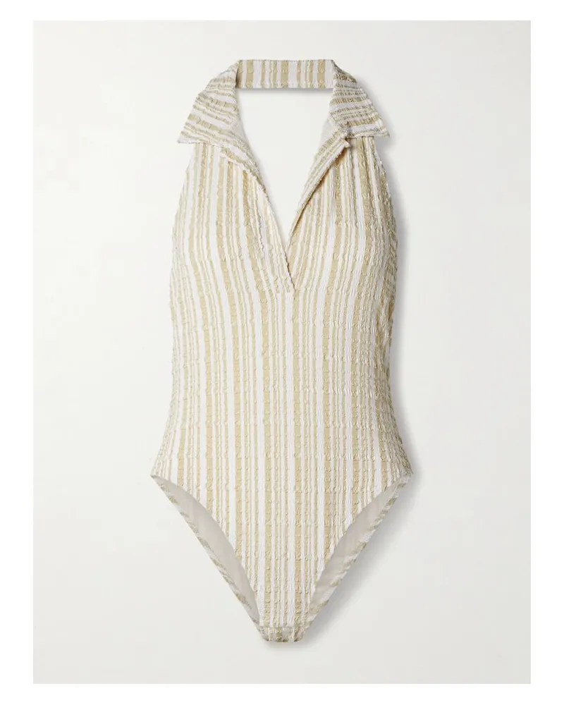 Lisa Marie Fernandez Polo Neckholder-badeanzug Aus Gestreiftem Seersucker - Creme Creme