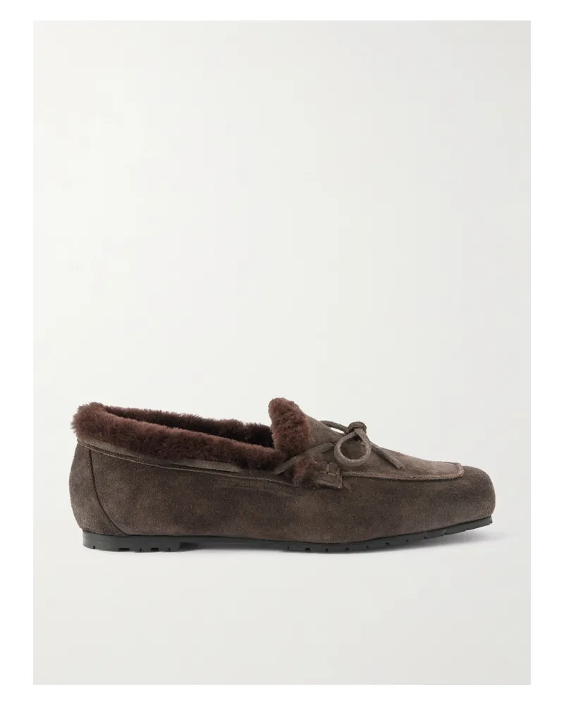 aeyde Jasper Bow-detailed Shearling-lined Suede Loafers - Brown Brown