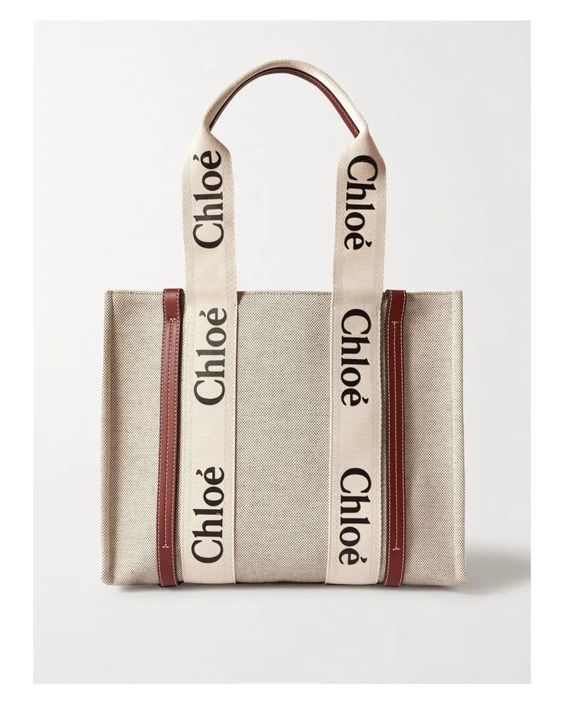Chloé Net Sustain Woody Mittelgroße Tote Aus Leinen Mit Lederbesätzen - Braun Braun