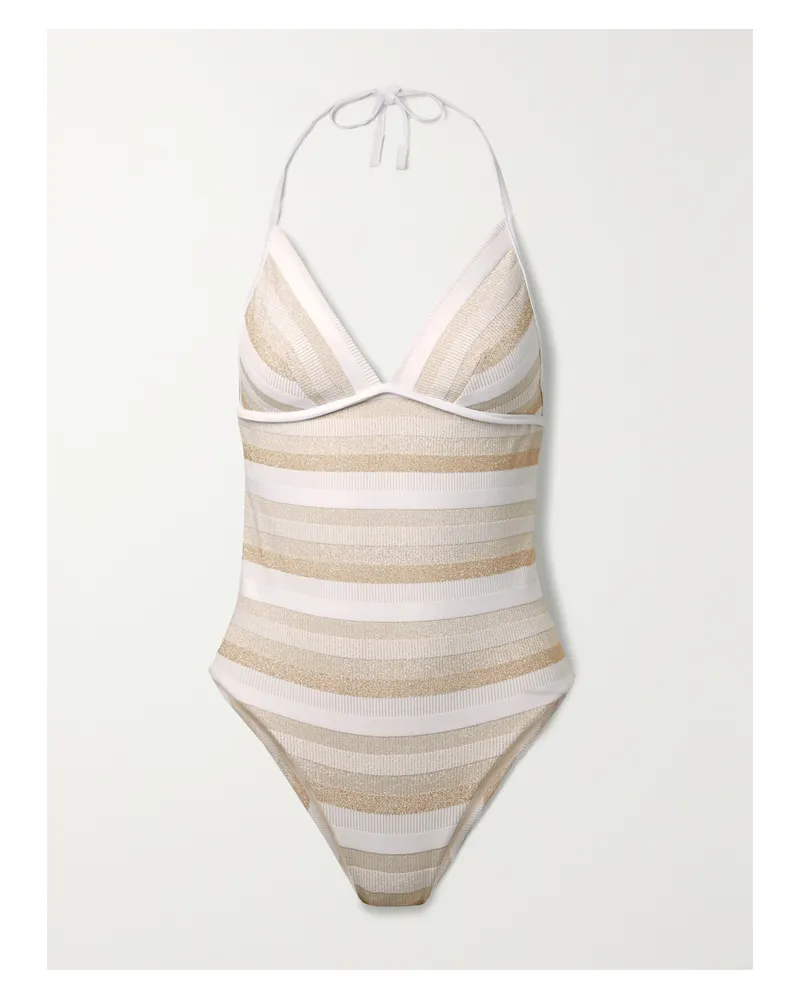 Max Mara Carina Gerippter Badeanzug Mit Streifen In Metallic-optik - Weiß Weiß