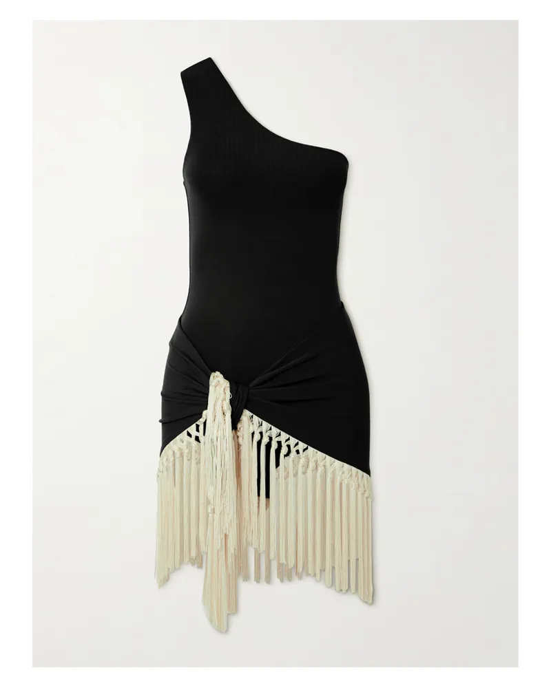 Taller Marmo Yacare One-shoulder Swimsuit And Fringed Pareo Set - Black Black