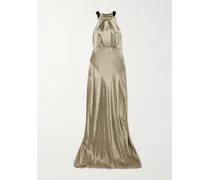 Michelle Velvet-trimmed Open-back Satin Gown - Gold