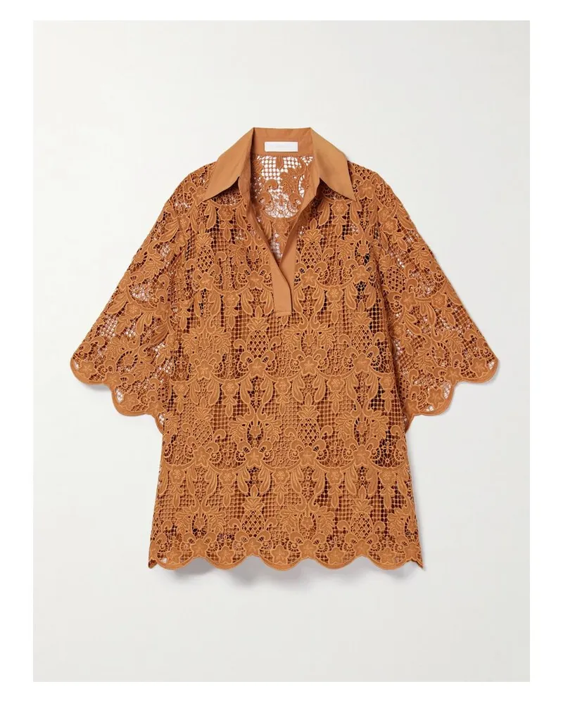 Zimmermann Coco Oversized-tunika Aus Guipure-spitze Mit Popelinebesatz - Braun Braun