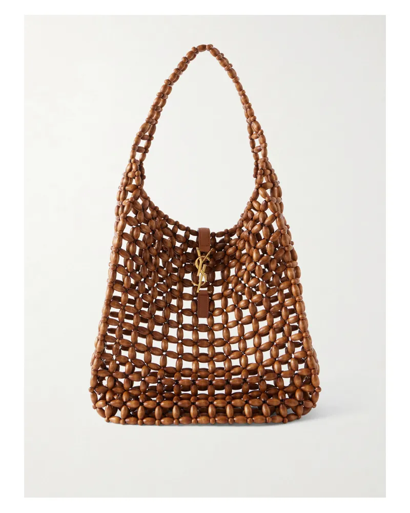 Saint Laurent Le 5 À 7 Large Leather-trimmed Beaded Wood Shoulder Bag - Brown Brown