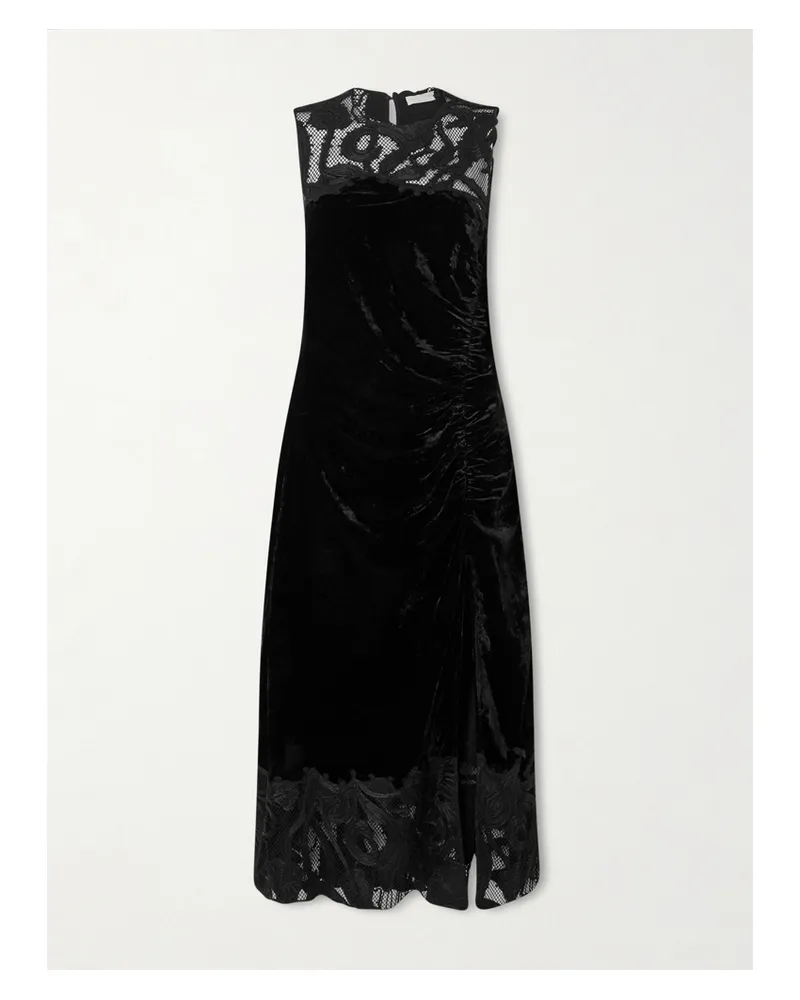 Ulla Johnson Rosaria Ruched Corded Lace-trimmed Velvet Maxi Dress - Black Black