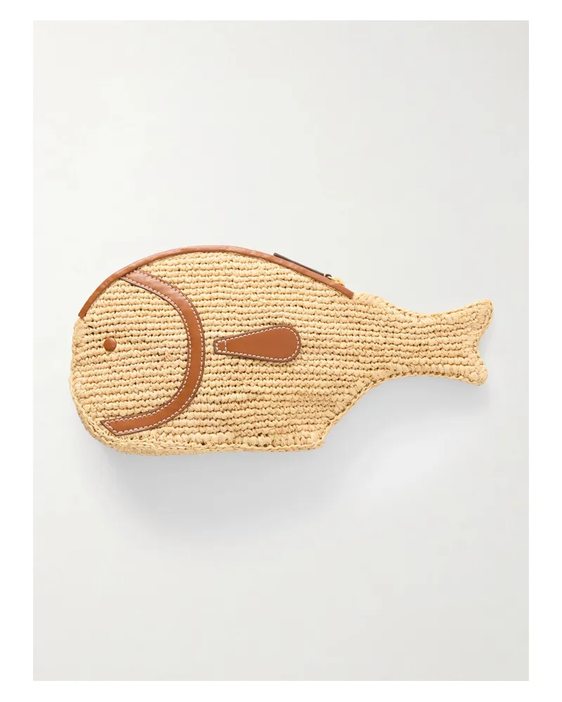 STAUD Pesce Leather-trimmed Raffia Clutch - Neutrals Neutrals