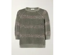 Sequin-embellished Striped Open-knit Cotton Sweater - Green