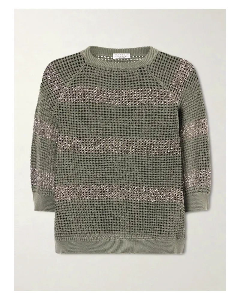 Brunello Cucinelli Sequin-embellished Striped Open-knit Cotton Sweater - Green Green