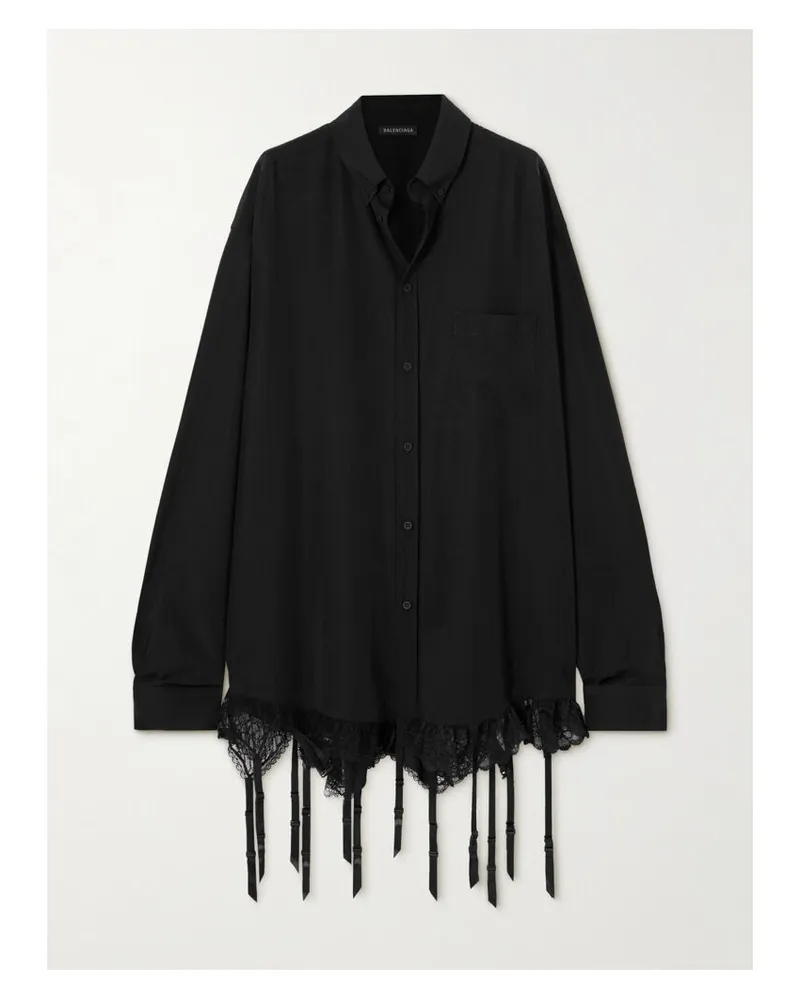Balenciaga Hemd Aus Lyocell-popeline Mit Spitzenbesätzen Und Fransen - Schwarz Schwarz
