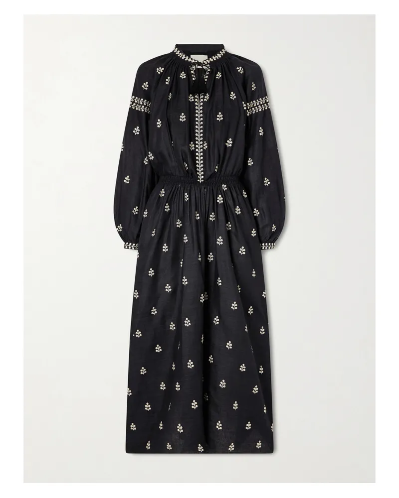 Isabel Marant Rodilia Tasseled Gathered Embroidered Silk Midi Dress - Black Black