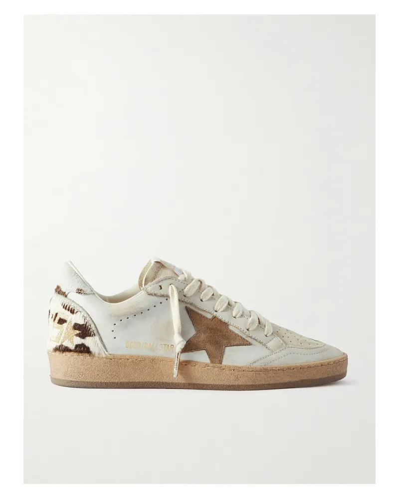 Golden Goose Ball Star Calf Hair And Suede-trimmed Distressed Leather Sneakers - White White