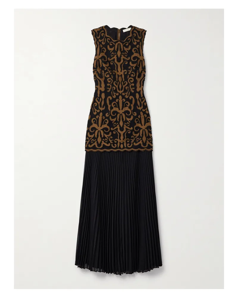 Ulla Johnson Auryn Mehrlagiges Maxikleid Aus Taft, Mesh Und Plissiertem Seidenchiffon Mit Applikationen - Braun Braun