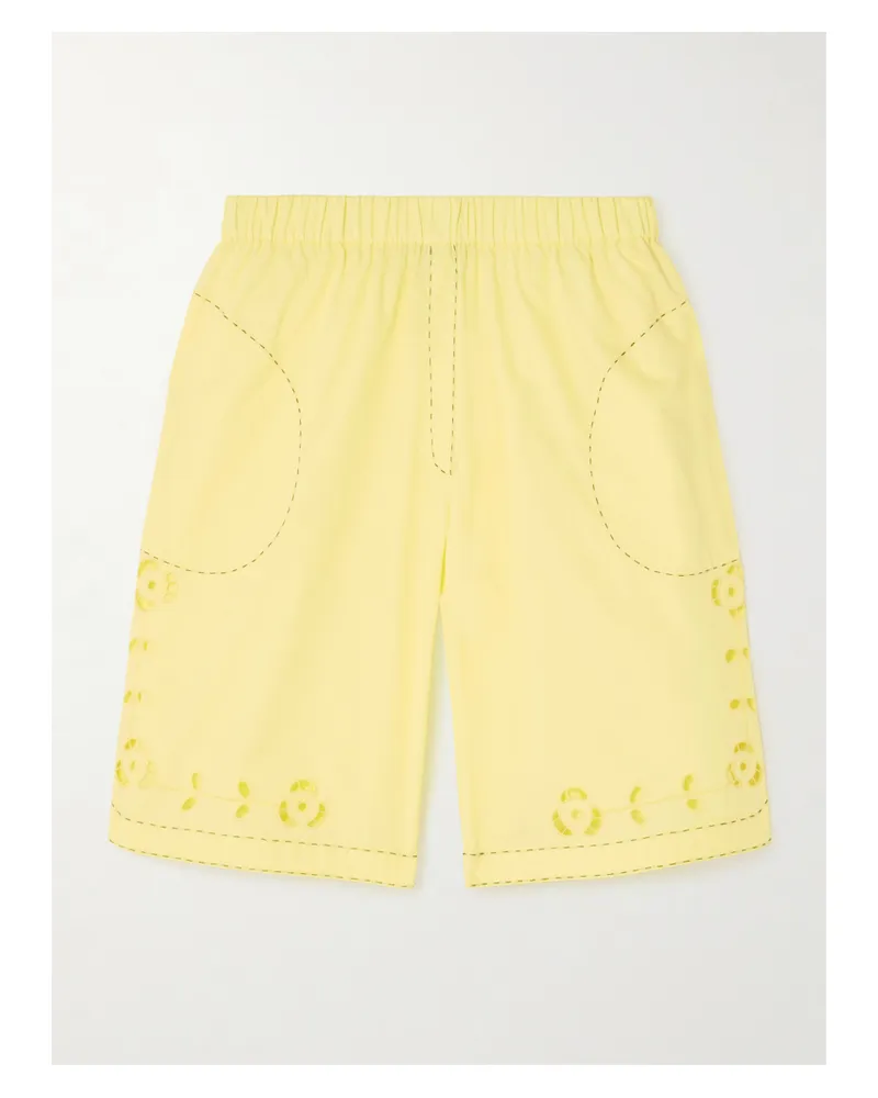 VITA KIN La Vie En Rose Broderie Anglaise Cotton-poplin Shorts - Yellow Yellow