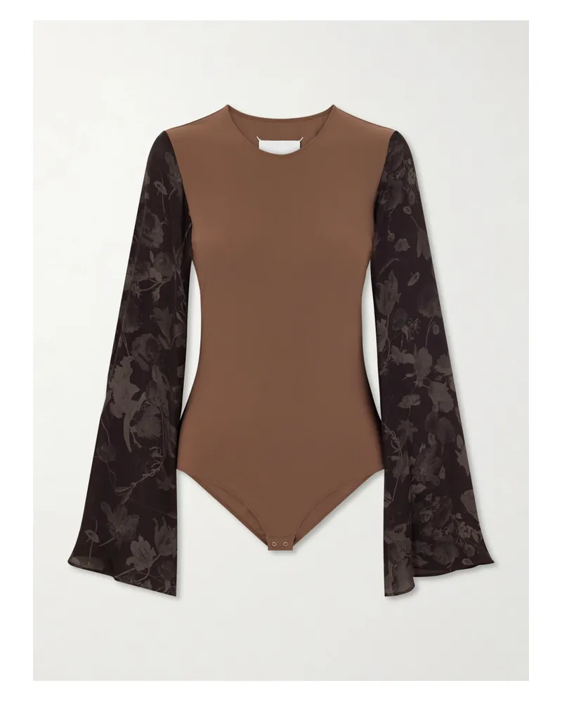Maison Margiela Floral-print Silk Chiffon-trimmed Jersey Bodysuit - Brown Brown