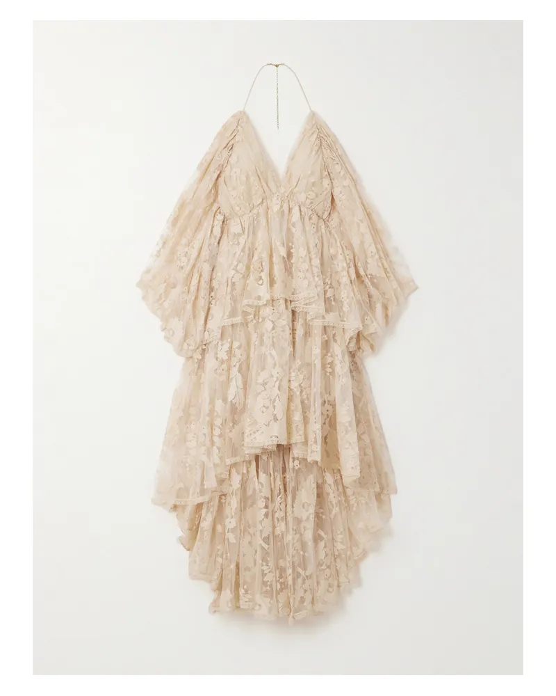 Zimmermann Illustration Rückenfreies, Gestuftes Neckholder-minikleid Aus Spitze Aus Einer Baumwollmischung Mit Falten - Creme Creme