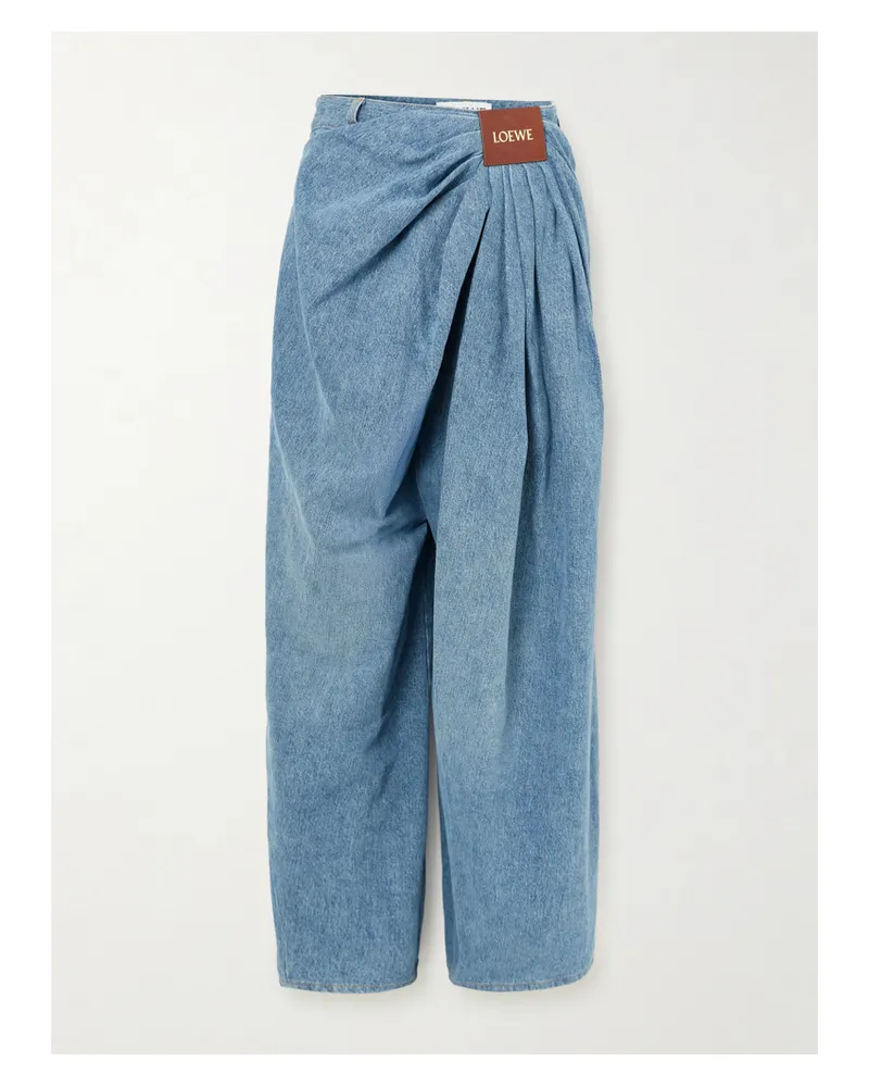 Loewe Leather-trimmed Draped Gathered High-rise Wide-leg Jeans - Blue Blue