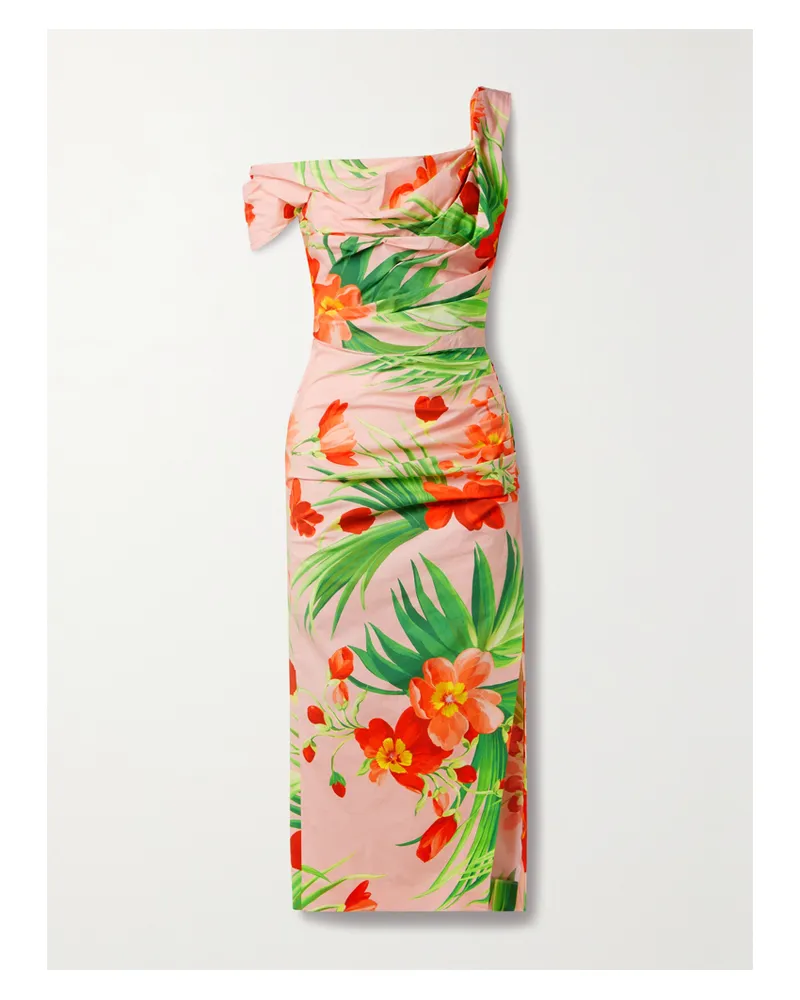 Carolina Herrera New York Asymmetrisches Midikleid Aus Bedruckter Stretch-baumwollpopeline - Pink Pink