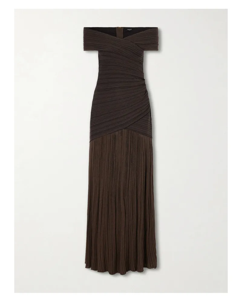 Balmain Off-the-shoulder Ribbed-knit Maxi Dress - Brown Brown
